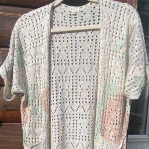POL Boho Knit Open Front Short Sleeve Cardigan Sweater Pastel Sz M Crochet Beach